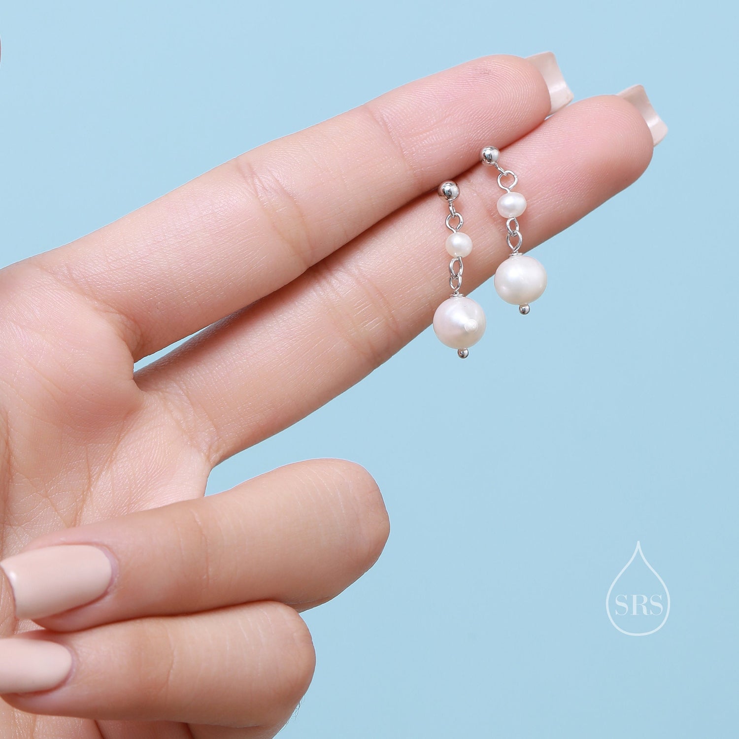 Genuine Freshwater Pearl Drop Earrings in Sterling Silver, Delicate Keshi Pearl Earrings, Double Pearl Stud Dangle Earrings
