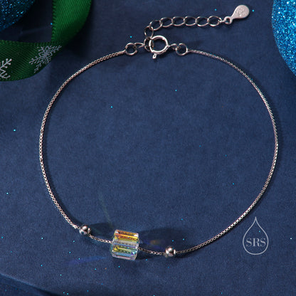 Sterling Silver Aurora Borealis AB Crystal Bracelet, Cube Crystal Bracelet, Sigle Crystal Cube Bracelet, Dainty and Delicate