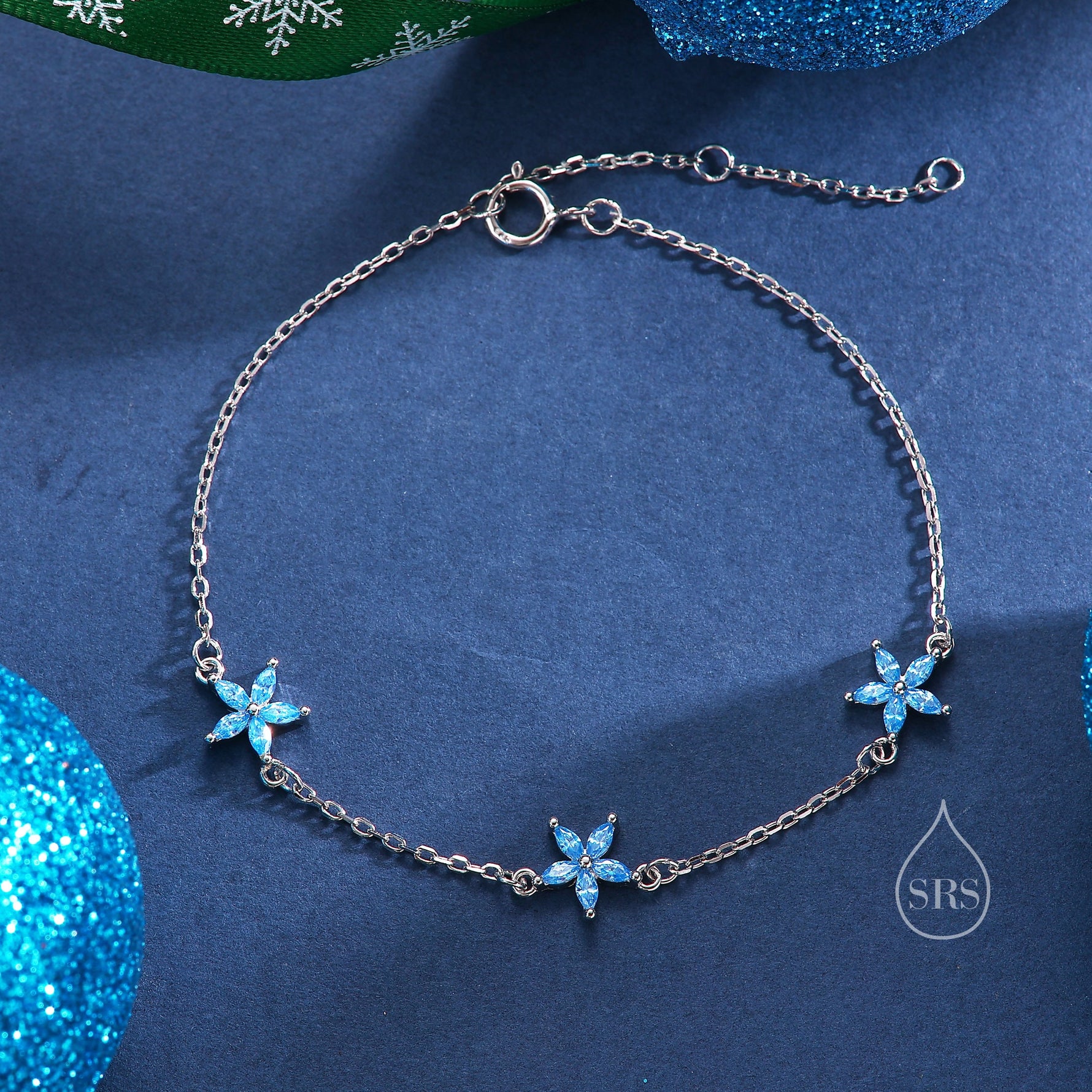 Tiny CZ Flower Bracelet in Sterling Silver, Silver or Gold , Available in 4 Colours, Silver or Gold, Marquise Flower Bracelet