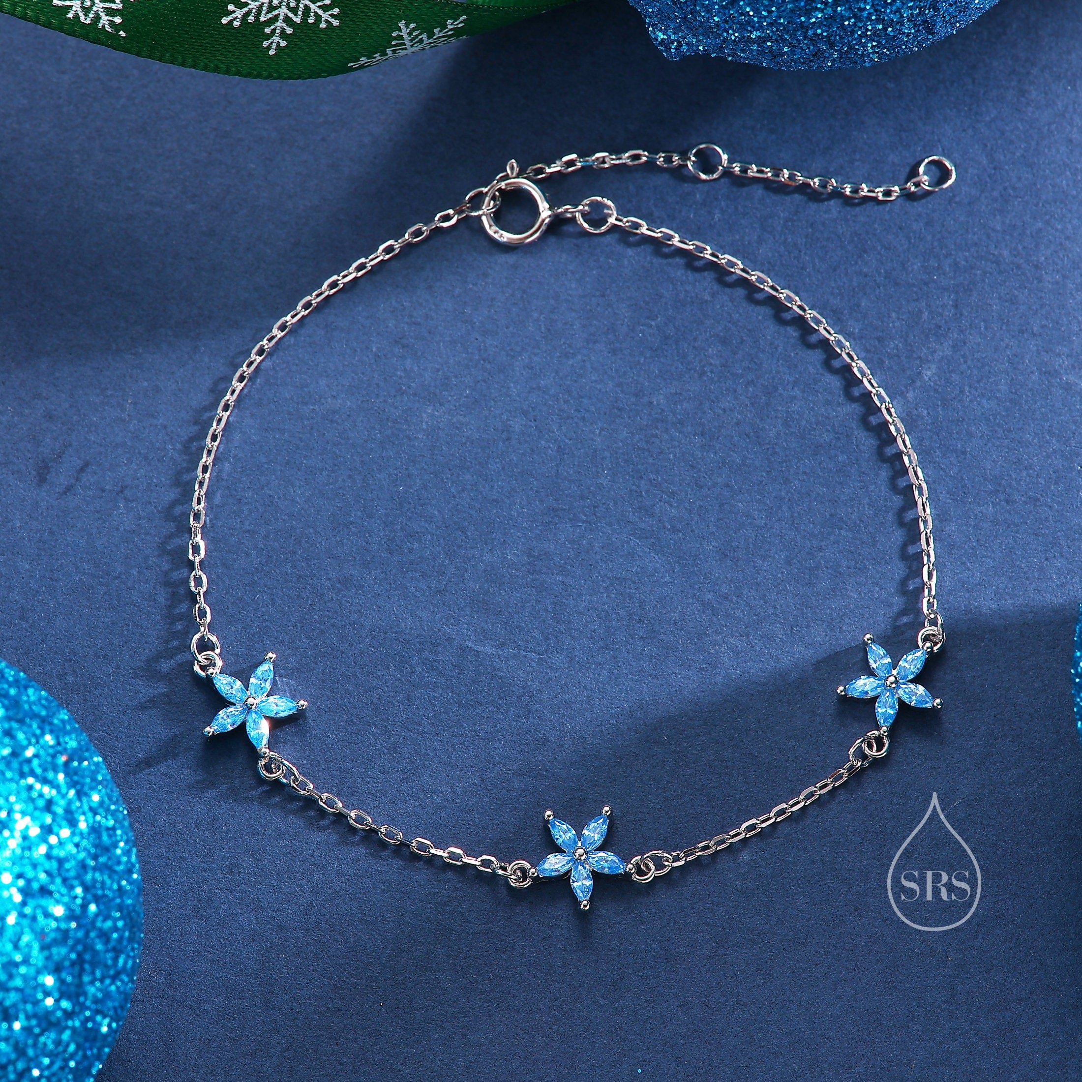 Tiny CZ Flower Bracelet in Sterling Silver, Silver or Gold , Available in 4 Colours, Silver or Gold, Marquise Flower Bracelet