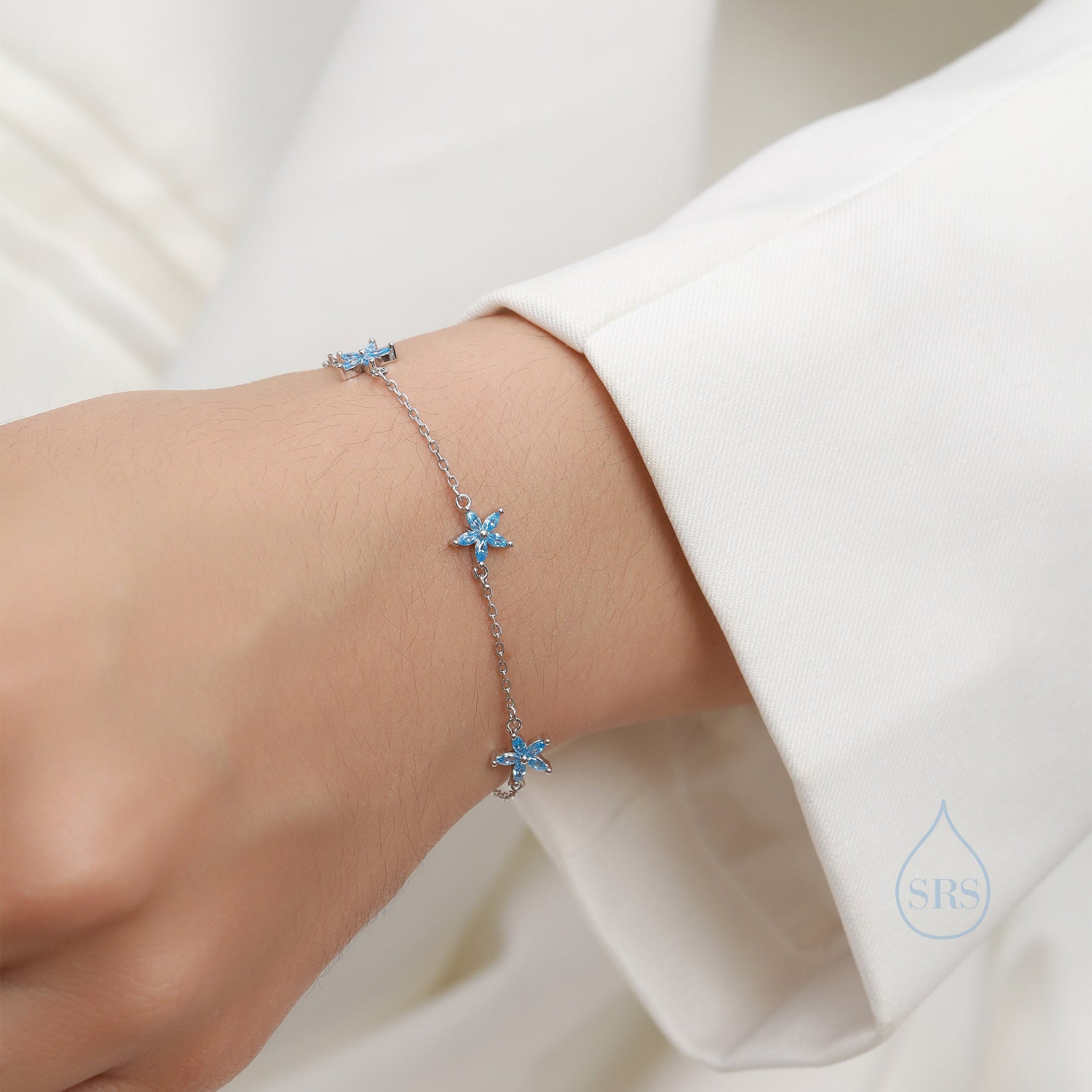 Tiny CZ Flower Bracelet in Sterling Silver, Silver or Gold , Available in 4 Colours, Silver or Gold, Marquise Flower Bracelet