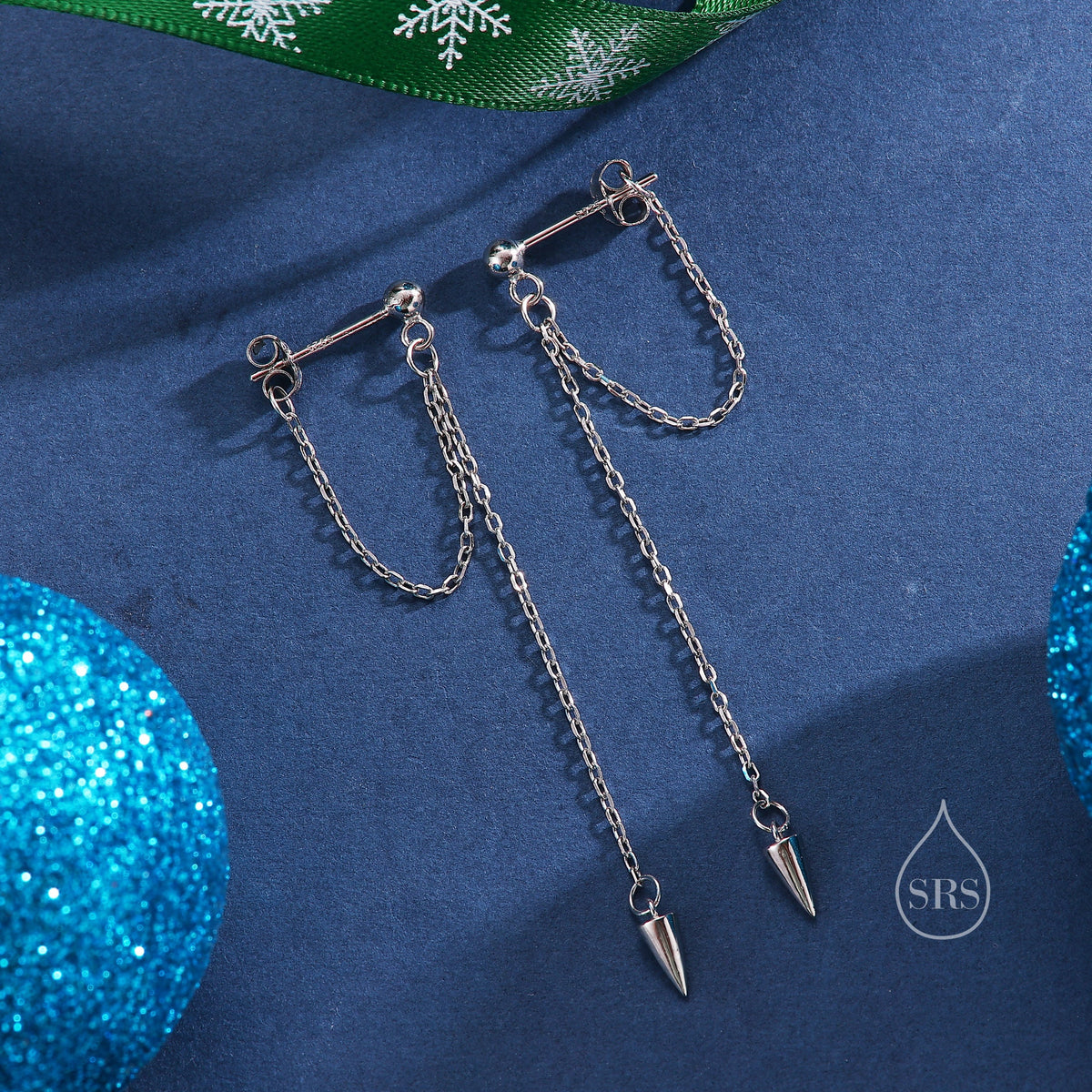 Dangling Spike Chain Drop Stud Earrings in Sterling Silver, Available in Silver, Gold or Rose Gold, Spike Dangle Earrings, Chain Earrings