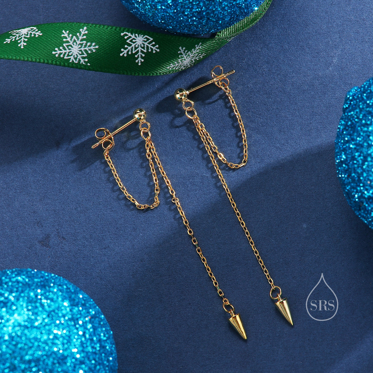 Dangling Spike Chain Drop Stud Earrings in Sterling Silver, Available in Silver, Gold or Rose Gold, Spike Dangle Earrings, Chain Earrings