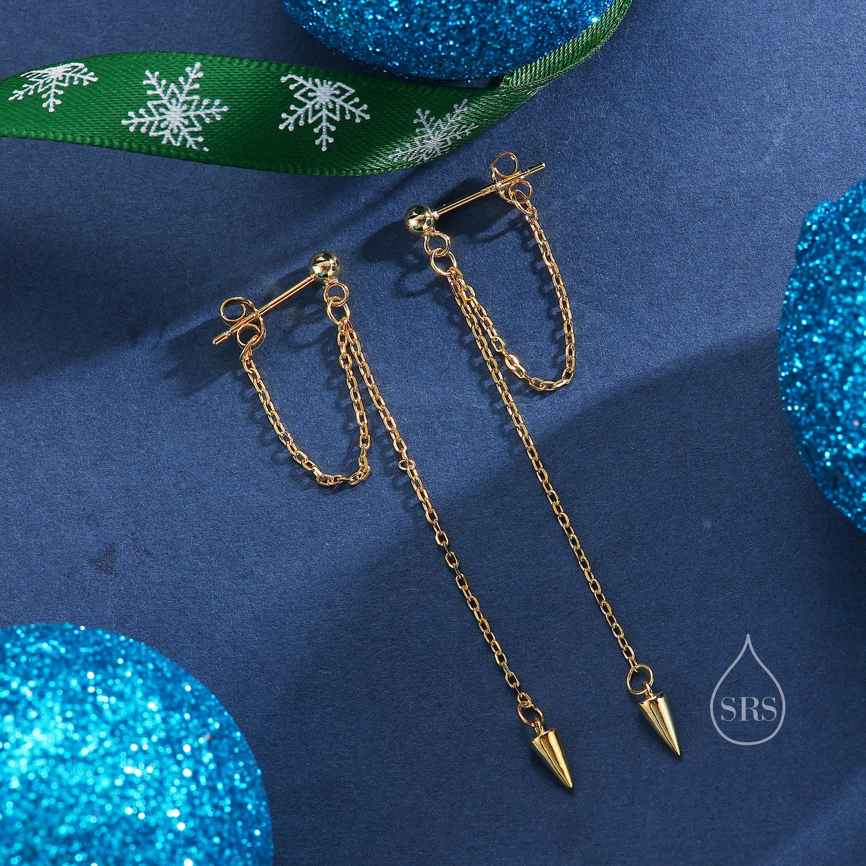 Dangling Spike Chain Drop Stud Earrings in Sterling Silver, Available in Silver, Gold or Rose Gold, Spike Dangle Earrings, Chain Earrings