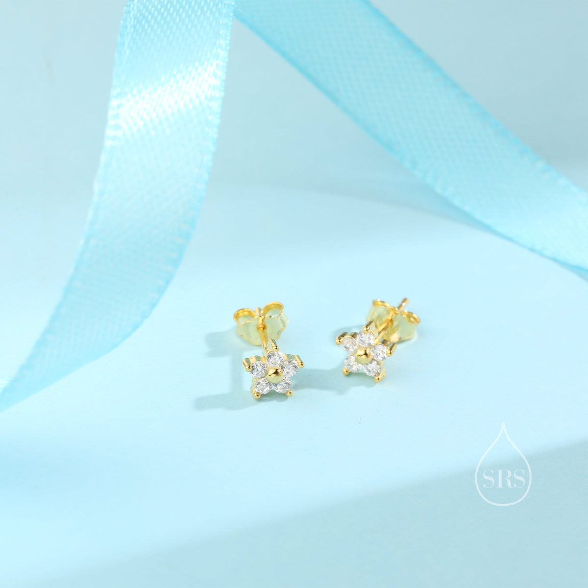 Tiny Flower CZ Stud Earrings in Sterling Silver, Forget Me Not Floral CZ Earrings, Silver, Gold and Rose Gold, Flower CZ Earrings