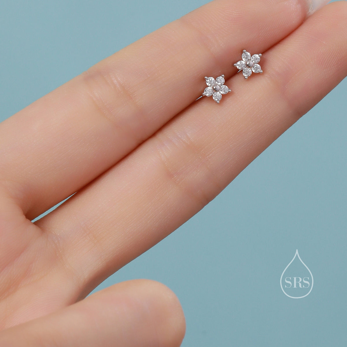 Tiny Flower CZ Screw Back Earrings in Sterling Silver, Forget Me Not Floral CZ Earrings, Silver, Gold and Rose Gold, Flower CZ Earrings
