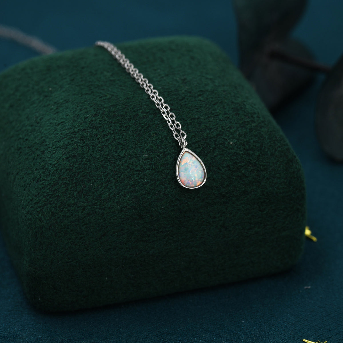 Droplet White Opal Pendant Necklace in Sterling Silver, Lab Opal Necklace, Pear Shape Opal Necklace, Fire Opal Necklace