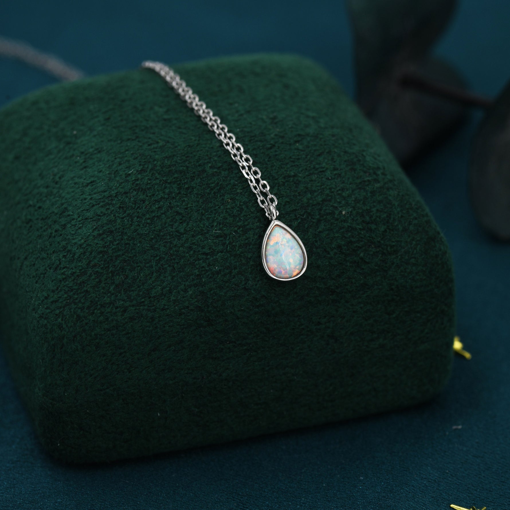 Droplet White Opal Pendant Necklace in Sterling Silver, Lab Opal Necklace, Pear Shape Opal Necklace, Fire Opal Necklace