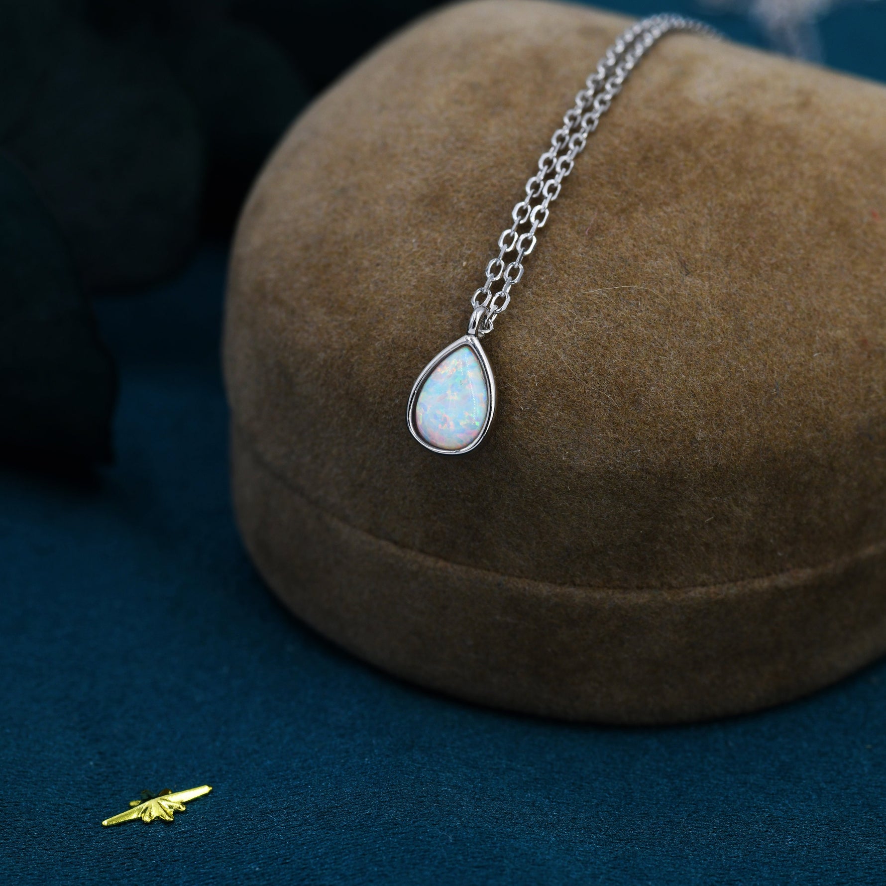 Droplet White Opal Pendant Necklace in Sterling Silver, Lab Opal Necklace, Pear Shape Opal Necklace, Fire Opal Necklace