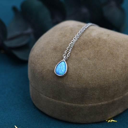 Blue Opal Droplet Pendant Necklace in Sterling Silver, Lab Opal Necklace,  Pear Shape Opal Necklace, Fire Opal Necklace