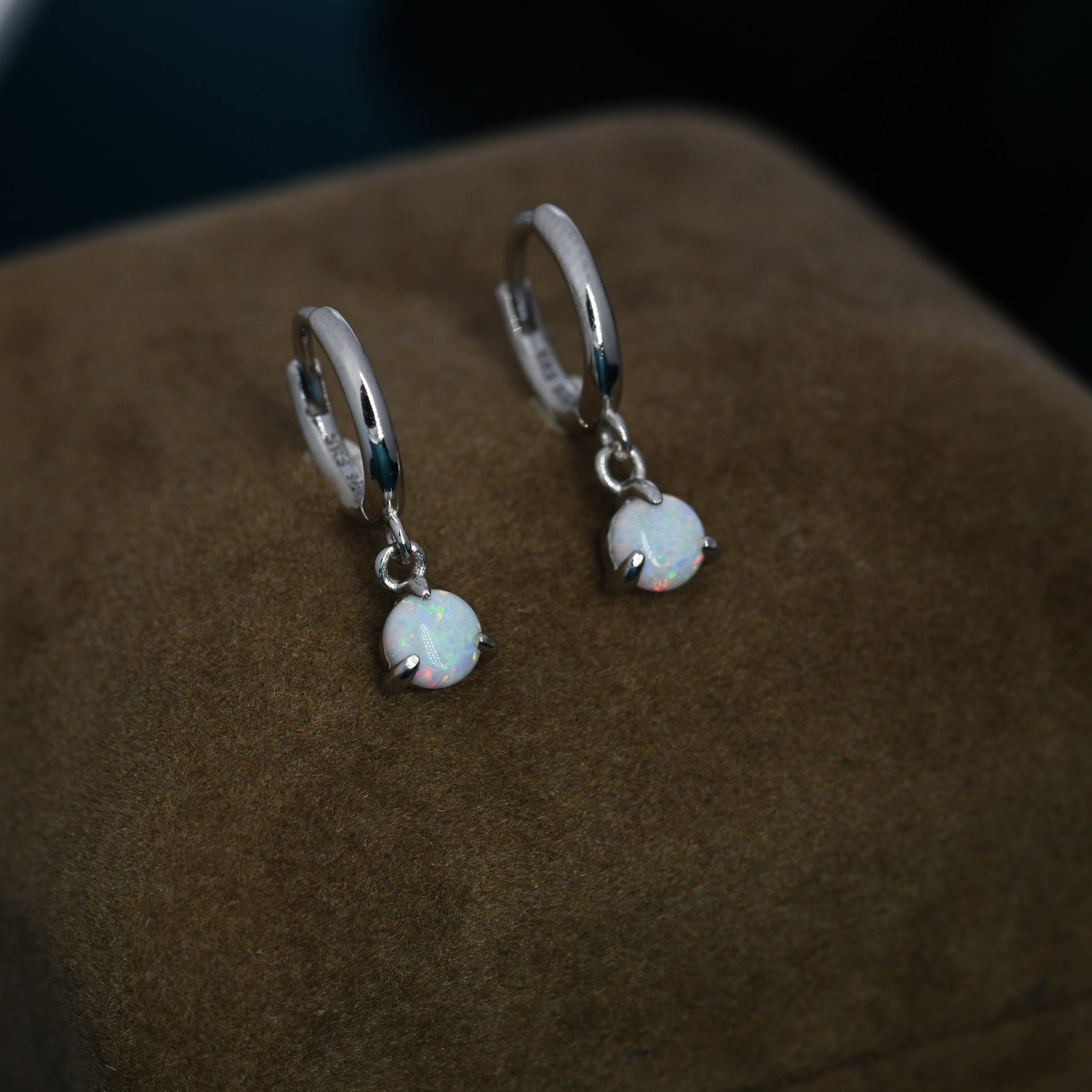 White Opal Dot Dangle Huggie Hoop Earrings in Sterling Silver, 4mm Tiny Opal Hoops, Opal Hoops, Fire Opal Hoops