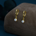White Opal Dot Dangle Huggie Hoop Earrings in Sterling Silver, 4mm Tiny Opal Hoops, Opal Hoops, Fire Opal Hoops