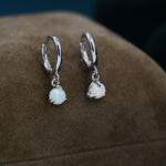 White Opal Dot Dangle Huggie Hoop Earrings in Sterling Silver, 4mm Tiny Opal Hoops, Opal Hoops, Fire Opal Hoops