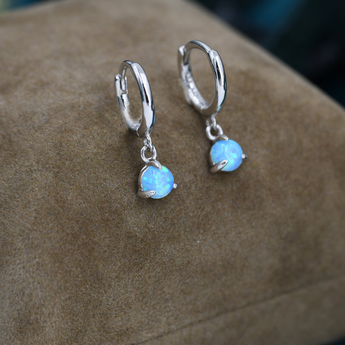 Blue Opal Dot Dangle Huggie Hoop Earrings in Sterling Silver, 4mm Tiny Opal Hoops, Opal Hoops, Fire Opal Hoops