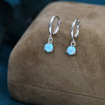 Blue Opal Dot Dangle Huggie Hoop Earrings in Sterling Silver, 4mm Tiny Opal Hoops, Opal Hoops, Fire Opal Hoops