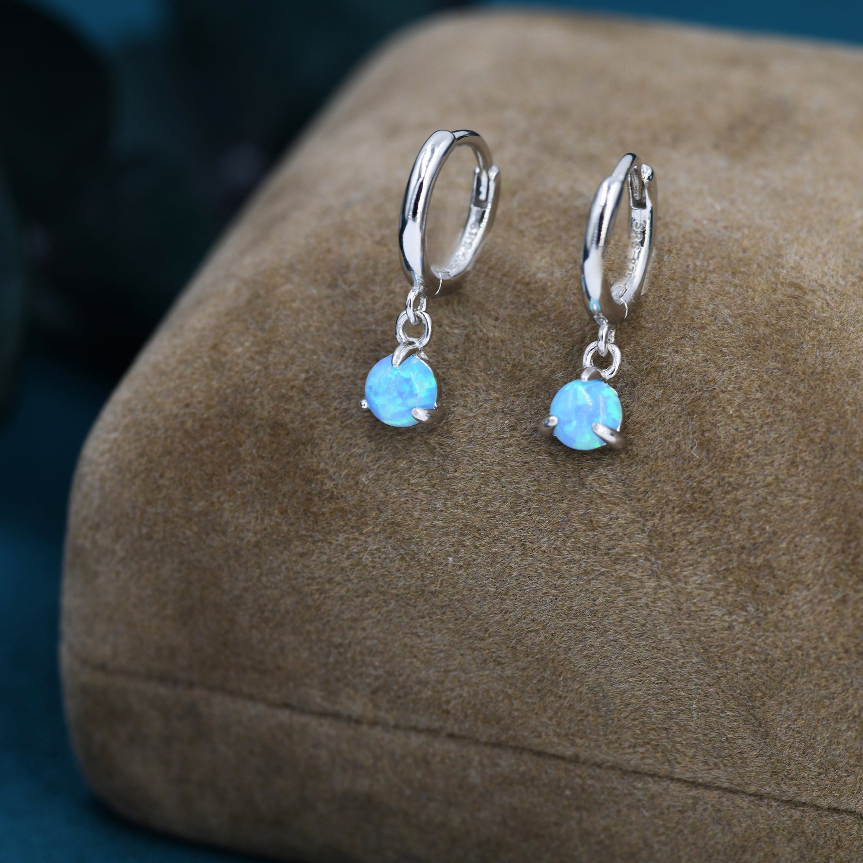 Blue Opal Dot Dangle Huggie Hoop Earrings in Sterling Silver, 4mm Tiny Opal Hoops, Opal Hoops, Fire Opal Hoops