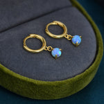 Blue Opal Dot Dangle Huggie Hoop Earrings in Sterling Silver, 4mm Tiny Opal Hoops, Opal Hoops, Fire Opal Hoops