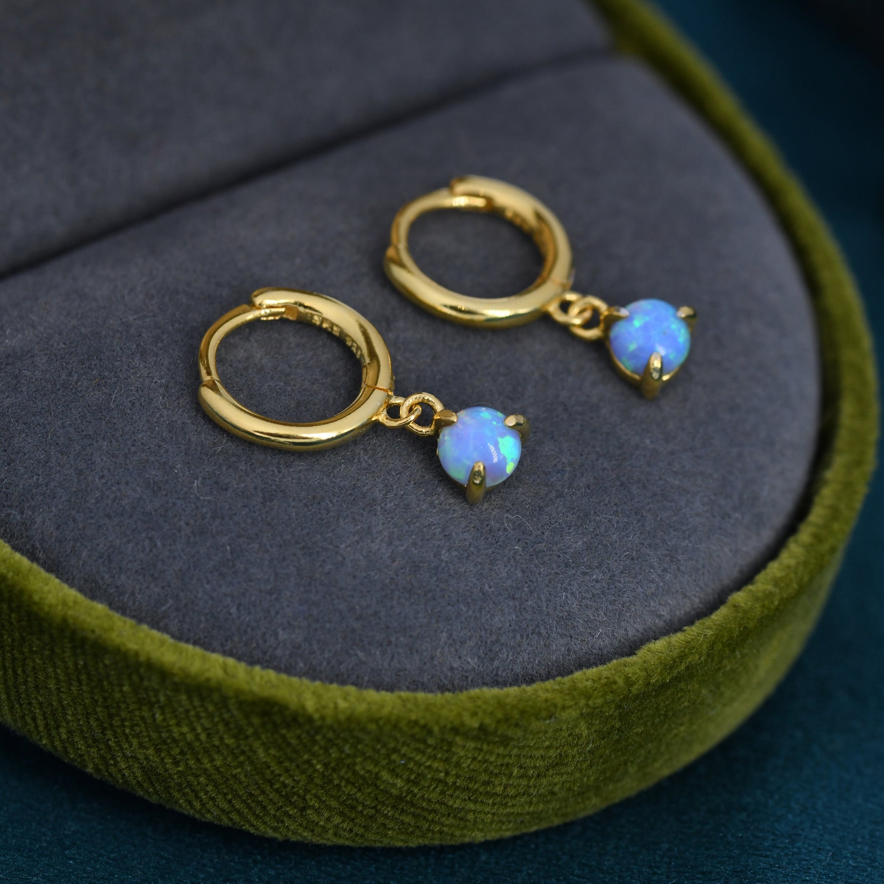 Blue Opal Dot Dangle Huggie Hoop Earrings in Sterling Silver, 4mm Tiny Opal Hoops, Opal Hoops, Fire Opal Hoops