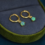 Green Opal Dot Dangle Huggie Hoop Earrings in Sterling Silver, 4mm Tiny Opal Hoops, Opal Hoops, Fire Opal Hoops