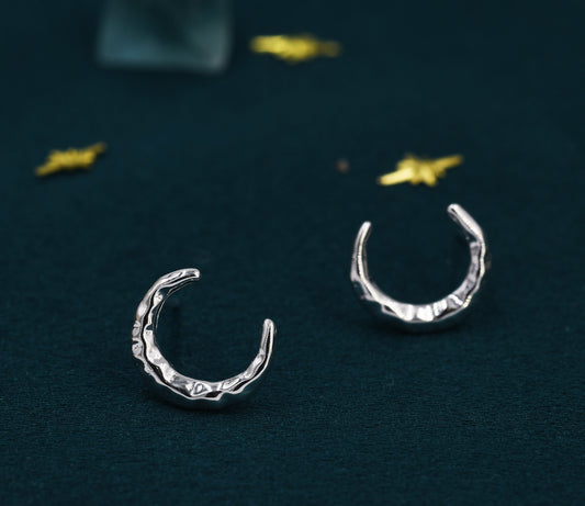 Hammered Moon Large Stud Earrings in Sterling Silver - New Moon Earrings - Crescent Moon Stud Earrings, Celestial Jewellery