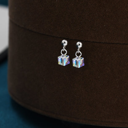 Aurora Borealis Cube Drop Stud Earrings in Sterling Silver, AB CZ Cube Earrings, Aurora Colour Changing Square Earrings