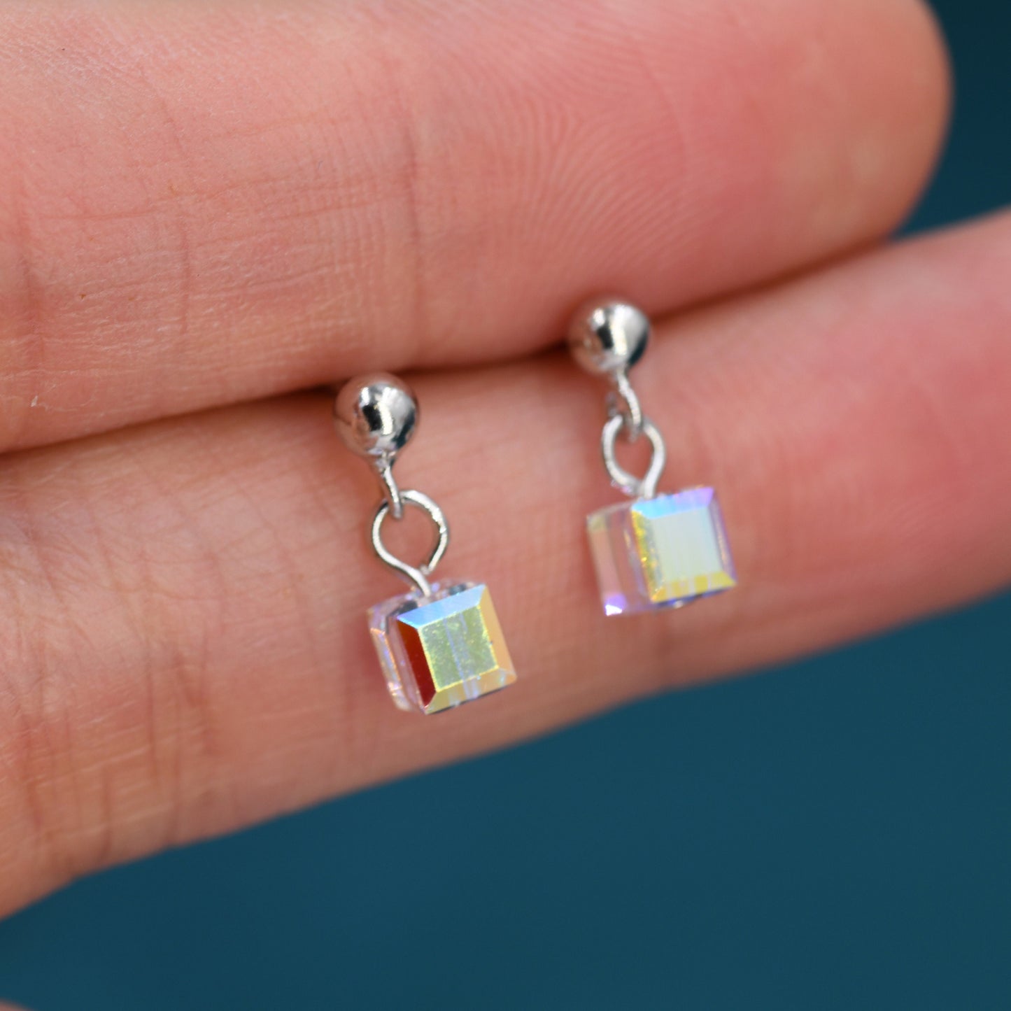 Aurora Borealis Cube Drop Stud Earrings in Sterling Silver, AB CZ Cube Earrings, Aurora Colour Changing Square Earrings