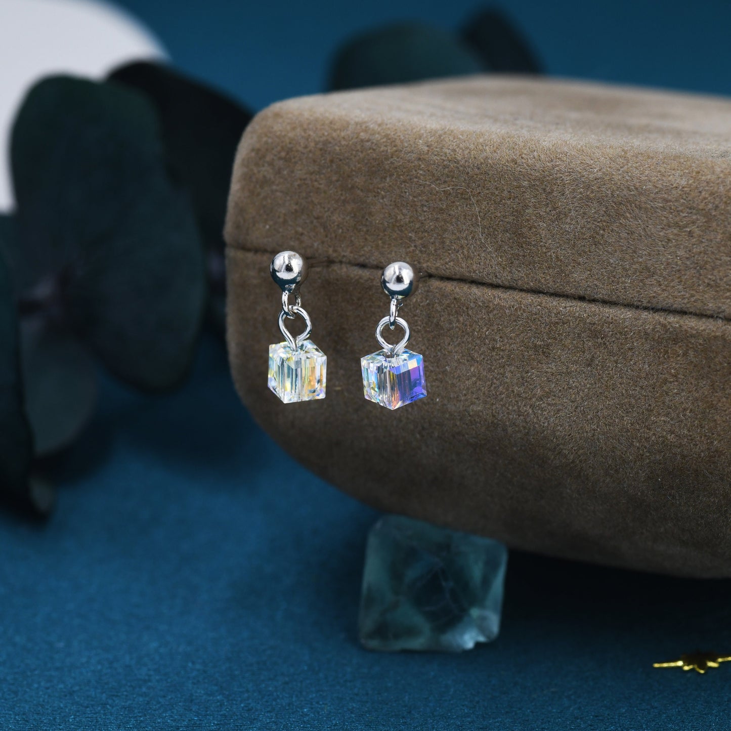 Aurora Borealis Cube Drop Stud Earrings in Sterling Silver, AB CZ Cube Earrings, Aurora Colour Changing Square Earrings