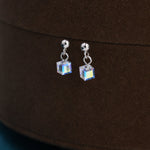 Aurora Borealis Cube Drop Stud Earrings in Sterling Silver, AB CZ Cube Earrings, Aurora Colour Changing Square Earrings