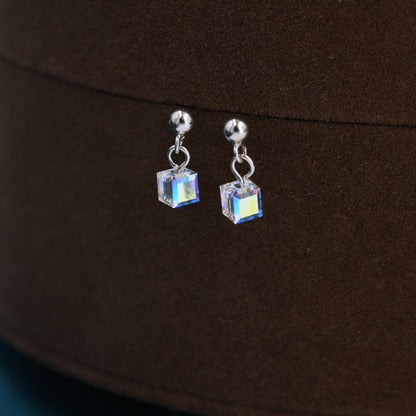 Aurora Borealis Cube Drop Stud Earrings in Sterling Silver, AB CZ Cube Earrings, Aurora Colour Changing Square Earrings