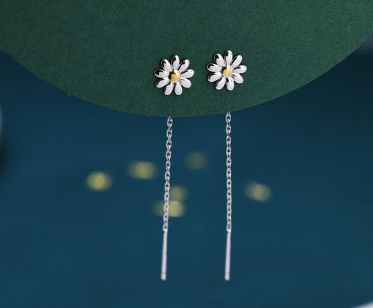 Daisy Chain Threader Earrings in Sterling Silver, Daisy Flower with Dangle Chain Earrings,  Flower Chain Earrings