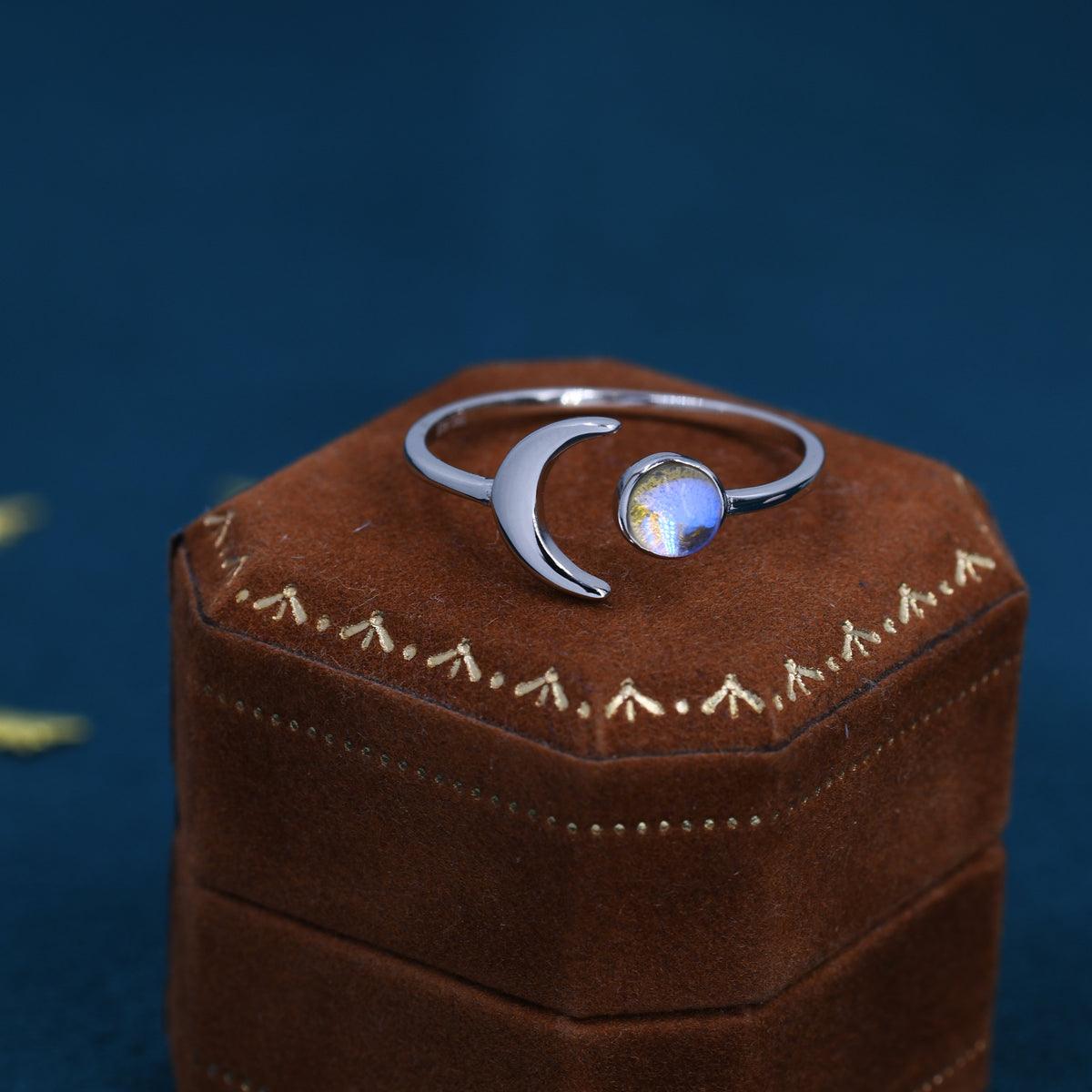 Sterling Silver Moonstone Moon Ring, Full Moon and Cresent Moon, Adjustable Sized Ring, Open Ring, Stacking Rings, Simulated Moonstone Ring