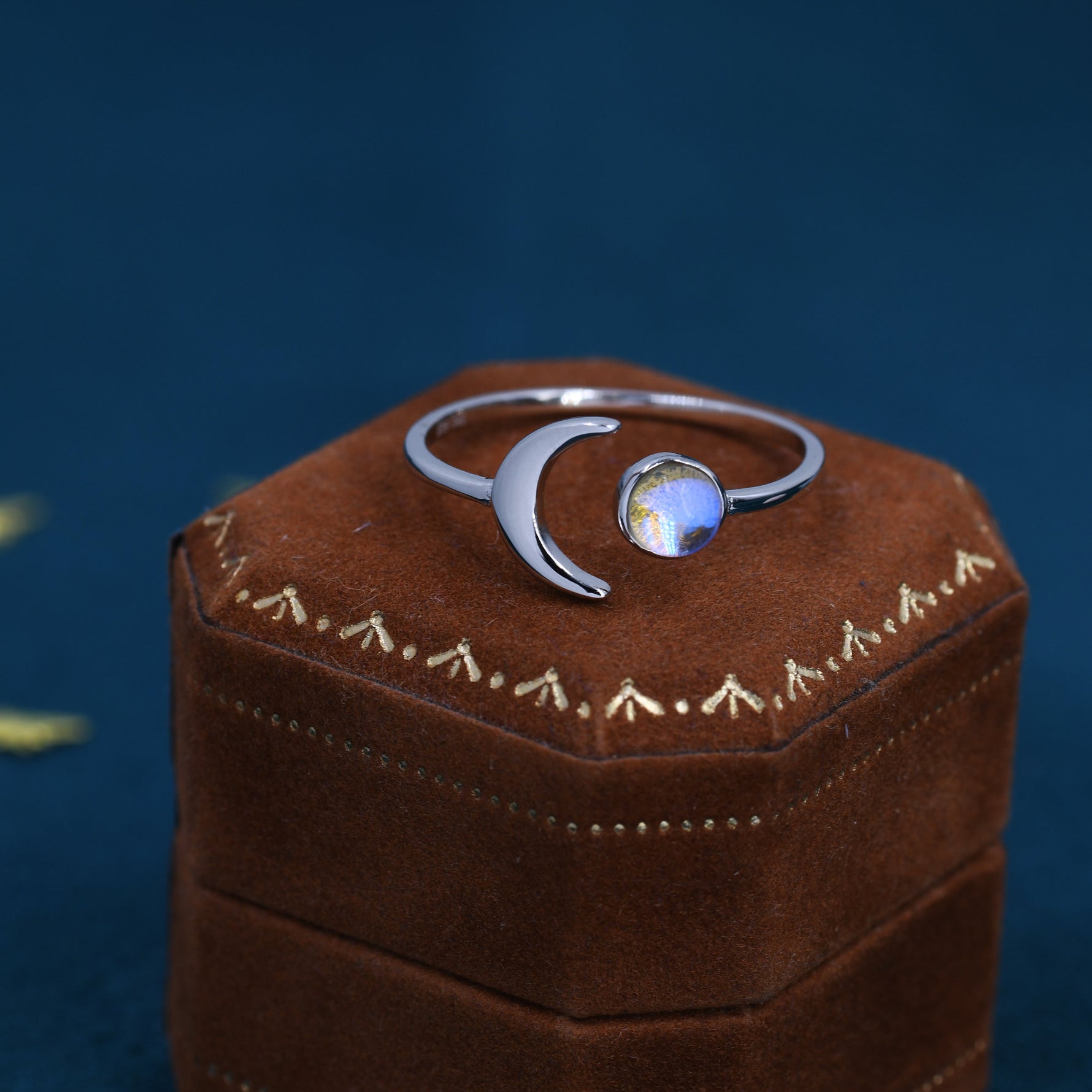 Sterling Silver Moonstone Moon Ring, Full Moon and Cresent Moon, Adjustable Sized Ring, Open Ring, Stacking Rings, Simulated Moonstone Ring