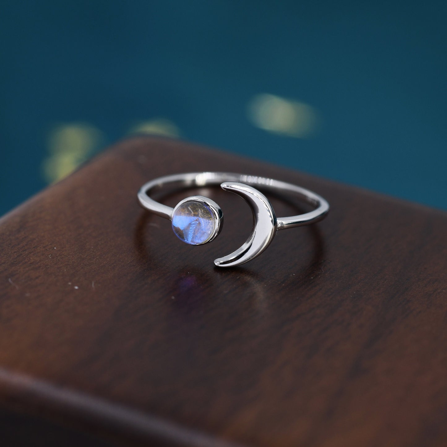 Sterling Silver Moonstone Moon Ring, Full Moon and Cresent Moon, Adjustable Sized Ring, Open Ring, Stacking Rings, Simulated Moonstone Ring