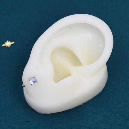 Colour Changing Crystal Huggie Hoop Threader Earrings in Sterling Silver, Simulated Moonstone, 4mm, Pull Through Open Hoops