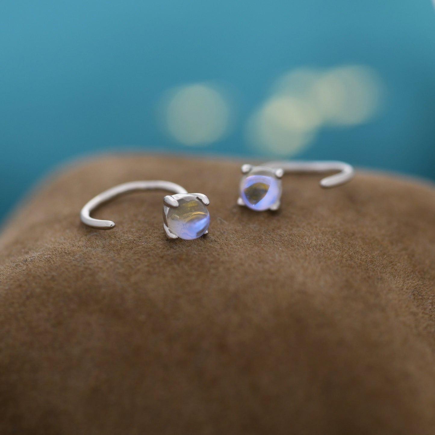 Colour Changing Crystal Huggie Hoop Threader Earrings in Sterling Silver, Simulated Moonstone, 4mm, Pull Through Open Hoops