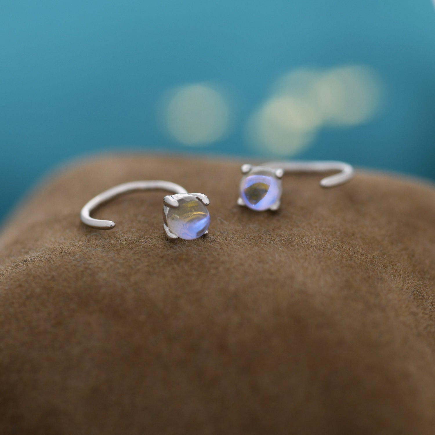 Colour Changing Crystal Huggie Hoop Threader Earrings in Sterling Silver, Simulated Moonstone, 4mm, Pull Through Open Hoops