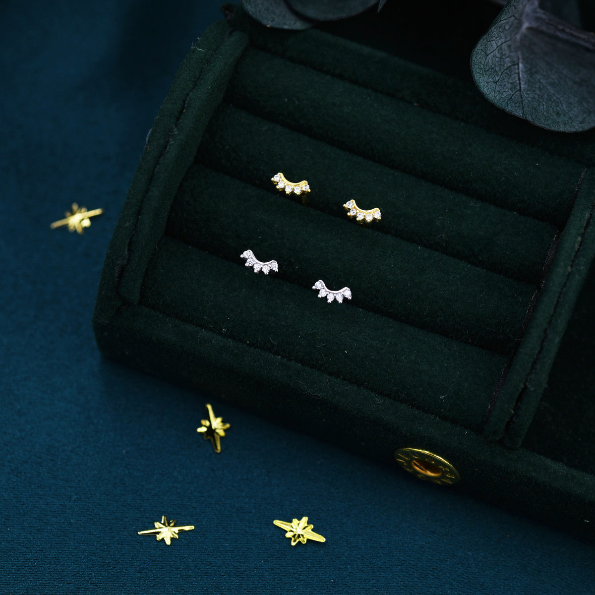 Extra Tiny Curved CZ Bar Stud Earrings in Sterling Silver, Silver or Gold, Geometric Tiny Three Star CZ Earrings, Stacking Earrings