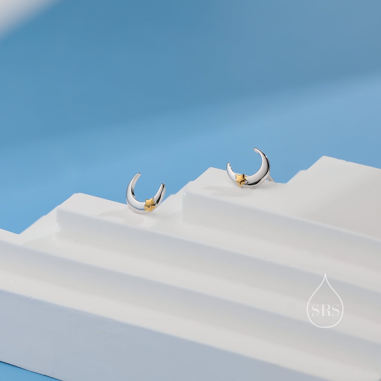 Moon and Star Stud Earrings in Sterling Silver - Silver with Gold - Crescent Moon Stud Earrings, Celestial Jewellery