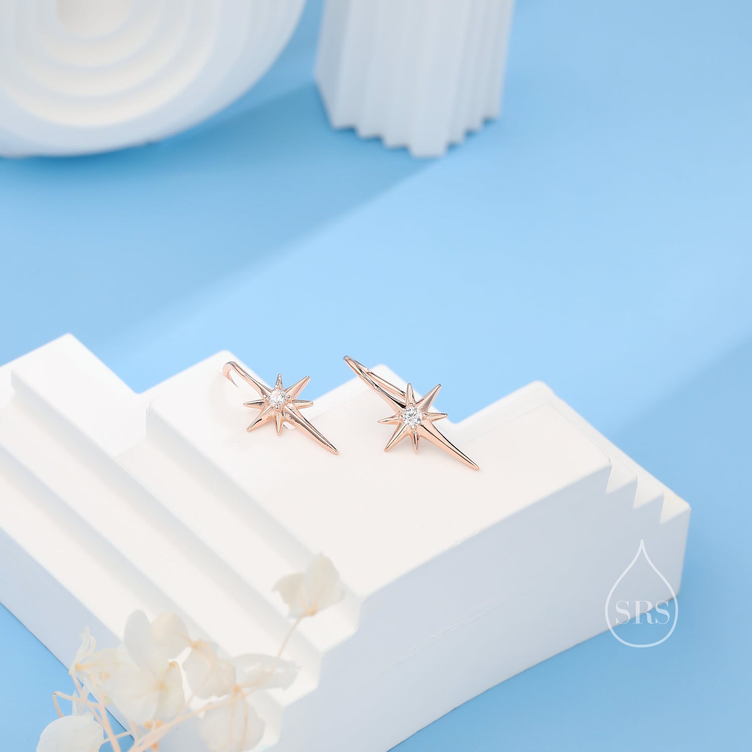 CZ Starburst Hook Earrings in Sterling Silver, Silver, Gold or Rose Gold, North Star Earrings, Sunburst Earrings, Celestial Jewellery