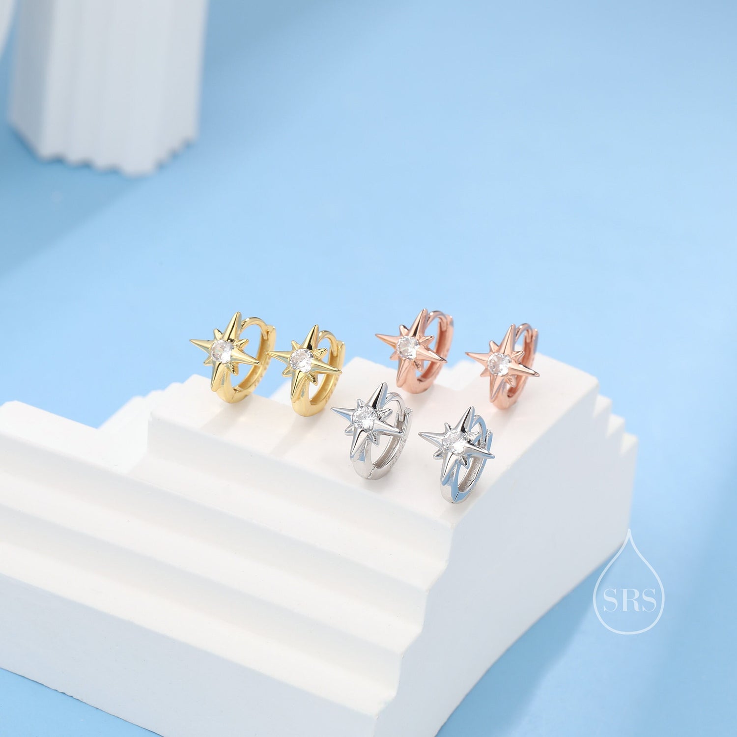 CZ Starburst Huggie Hoop Earrings in Sterling Silver, Silver, Gold or Rose Gold, North Star Earrings, Sunburst Earrings, Celestial Jewellery
