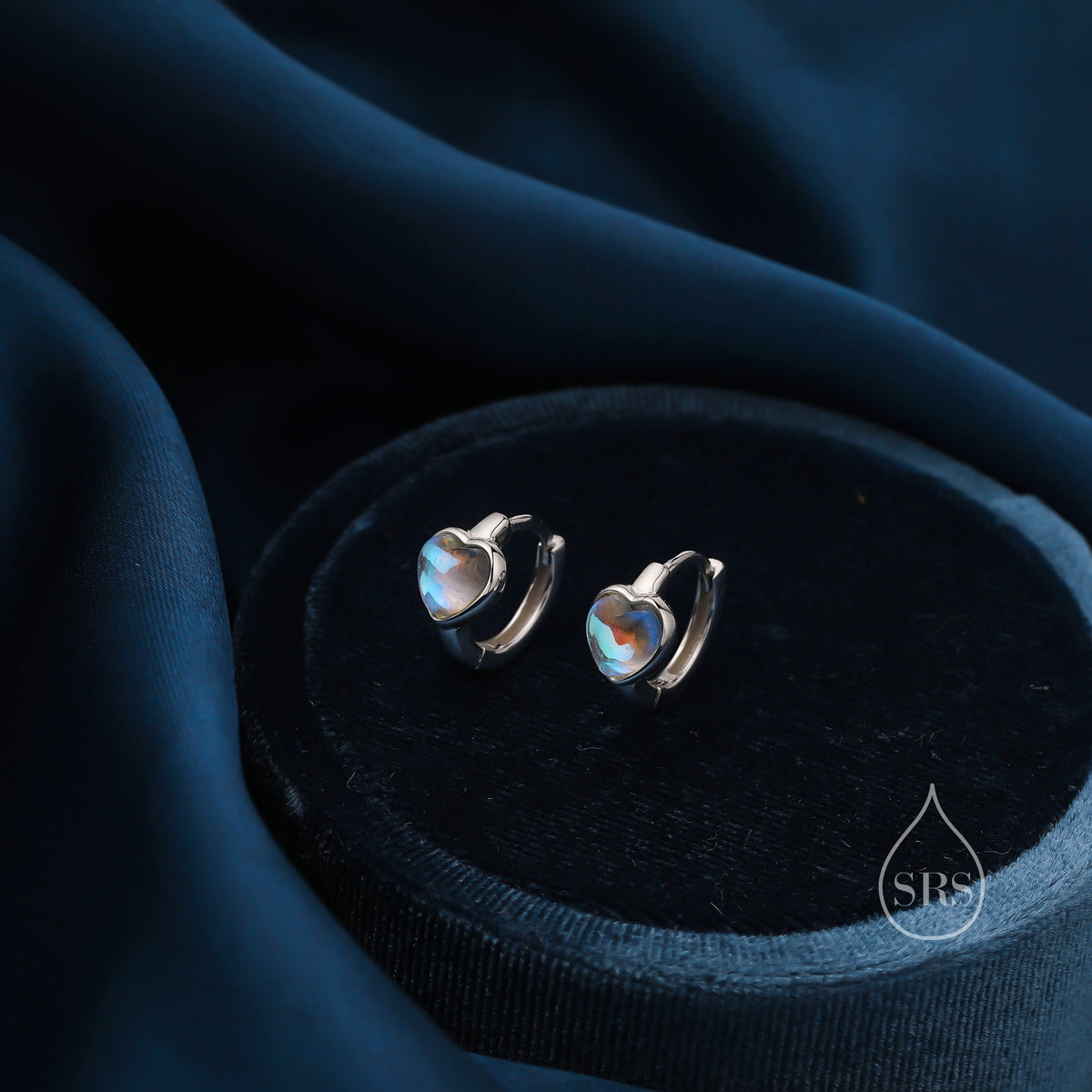 Moonstone Heart Huggie Hoop Earrings in Sterling Silver, Silver or Gold, Simulated Moonstone Heart Hoops, Heart Hoops
