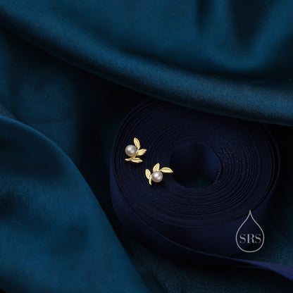 Tiny Leaf with Natural Freshwater Pearl Stud Earrings in Sterling Silver, Silver, Gold or Rose Gold, Small Olive Leaf Stud, Leaf Earrings