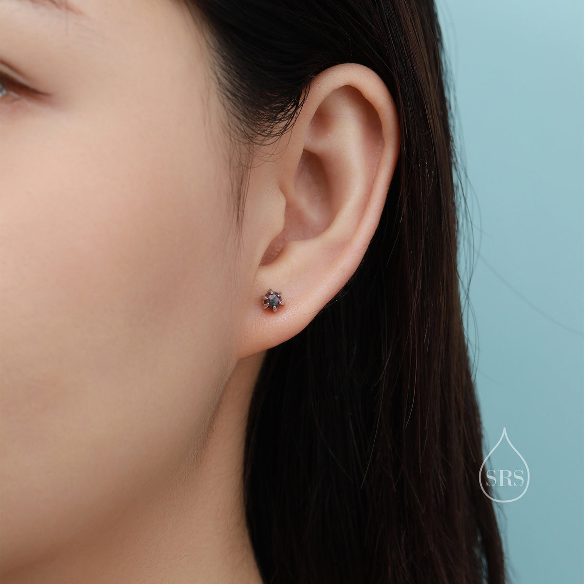 Blue Opal Long Prong Stud Earrings in Sterling Silver, Silver or Gold, 4mm Opal Stone