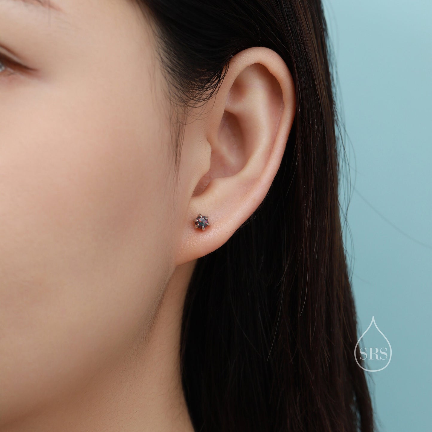 Blue Opal Long Prong Stud Earrings in Sterling Silver, Silver or Gold, 4mm Opal Stone