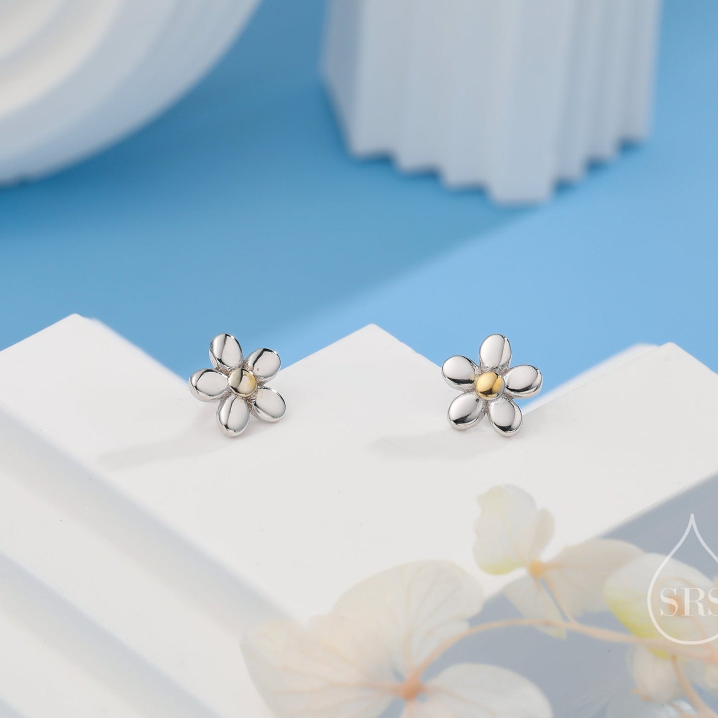 Tiny Little Forget-me-not Flower Stud Earrings in Sterling Silver