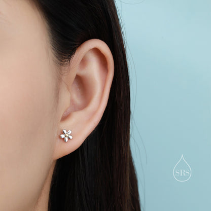 Tiny Little Forget-me-not Flower Screw Back Earrings in Sterling Silver, Cute Flower Barbell Earrings, Tiny Flower Screw Back Earrings