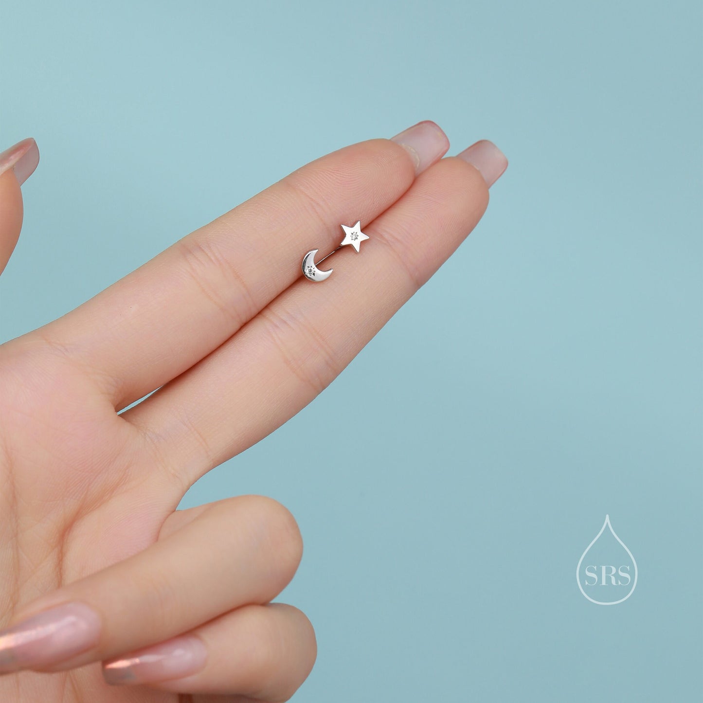 Tiny Moon and Star Mismatched Stud Earrings in Sterling Silver, Silver, Gold or Rose Gold, Small Star Earrings, Celestial Jewellery