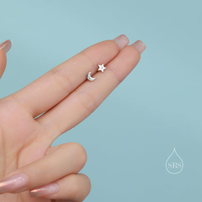 Tiny Moon and Star Mismatched Stud Earrings in Sterling Silver, Silver, Gold or Rose Gold, Small Star Earrings, Celestial Jewellery