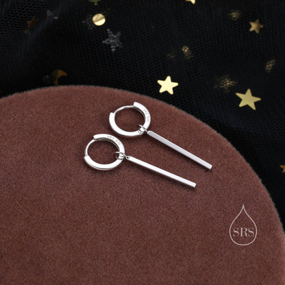 Sterling Silver Long Bars Huggie Hoop Earrings, 8mm Hoops with Detachable Bars, Bar Earrings, Bar Dangle Hoops, Bar Earrings