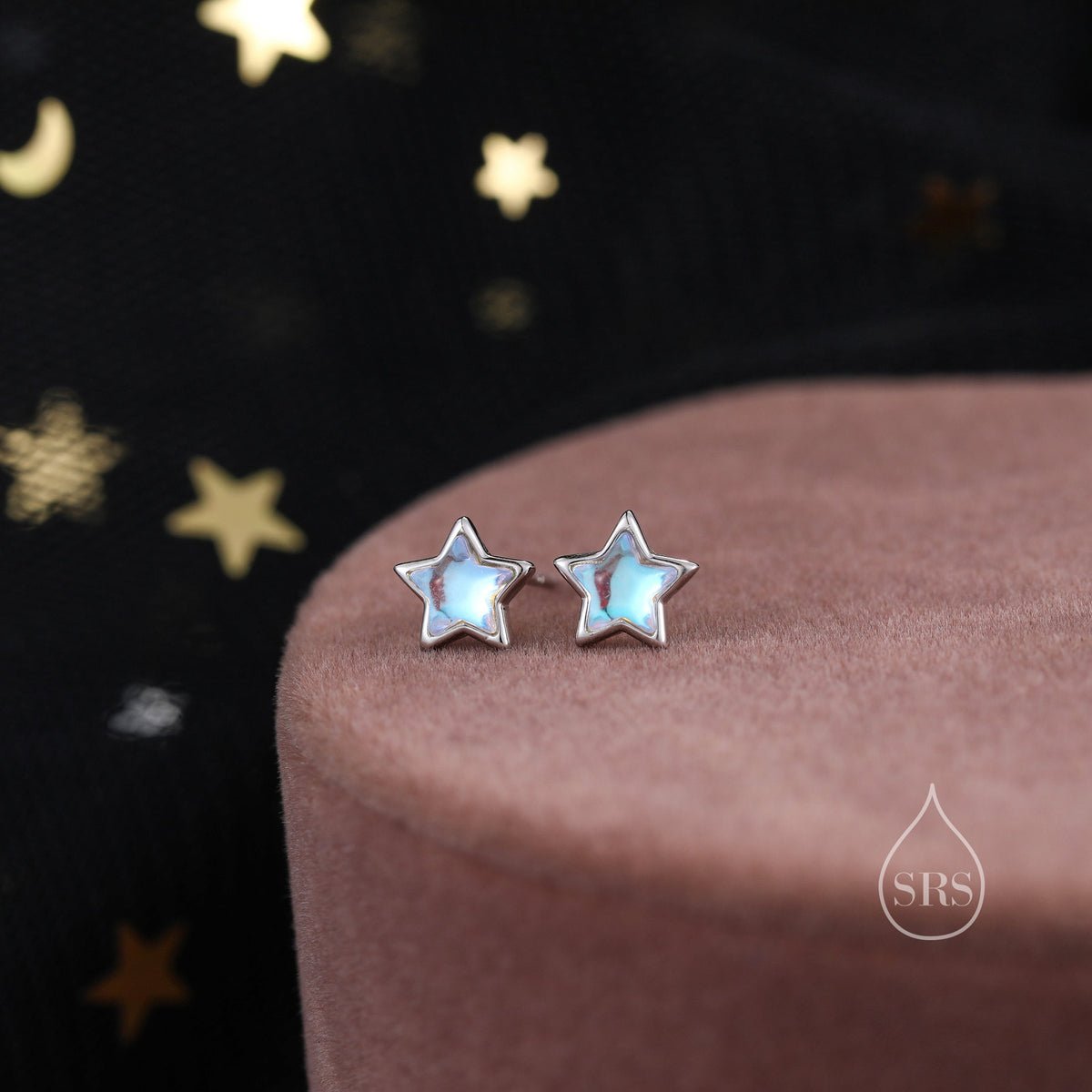 Moonstone Star Stud Earrings in Sterling Silver, Silver or Gold, Simulated Moonstone Star Hoops, Celestial Earrings, Star Earrings